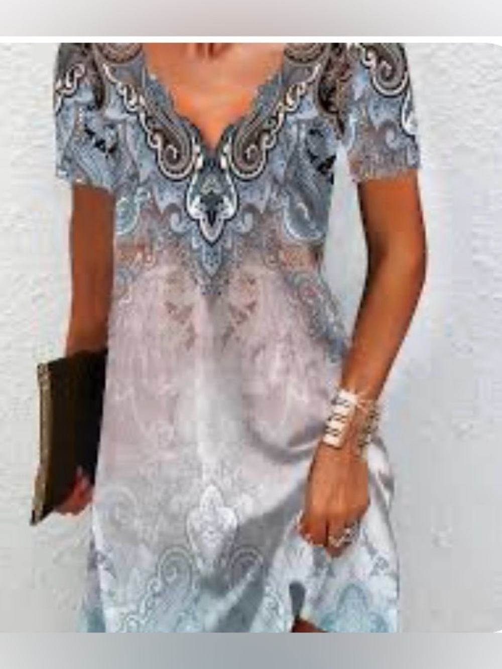 Paisley Scalloped V-Neck Dress Short Sleeve Gradient Blue & Pink Print Sz XXL - Picture 14 of 14